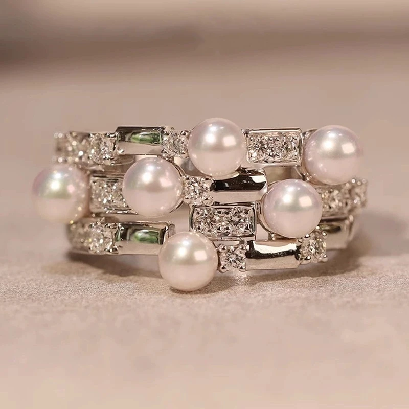 New Wide Multi-layer Pearl Zircon Rings for Women Wedding Band Accessories Daily Wear Girl's 925 Sterling Silver Jewelry