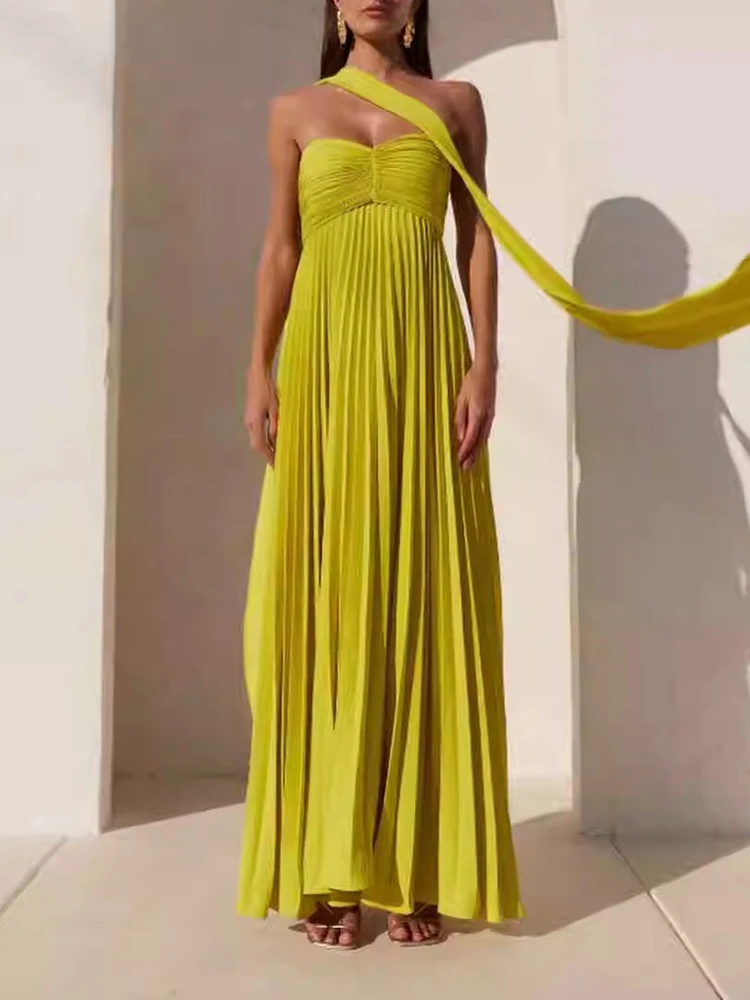 GALCAUR Yellow Pleated Dresses For Women Strapless Sleeveless High Waist Oversize Pathwork Maxi Dress Female Summer Beach Style