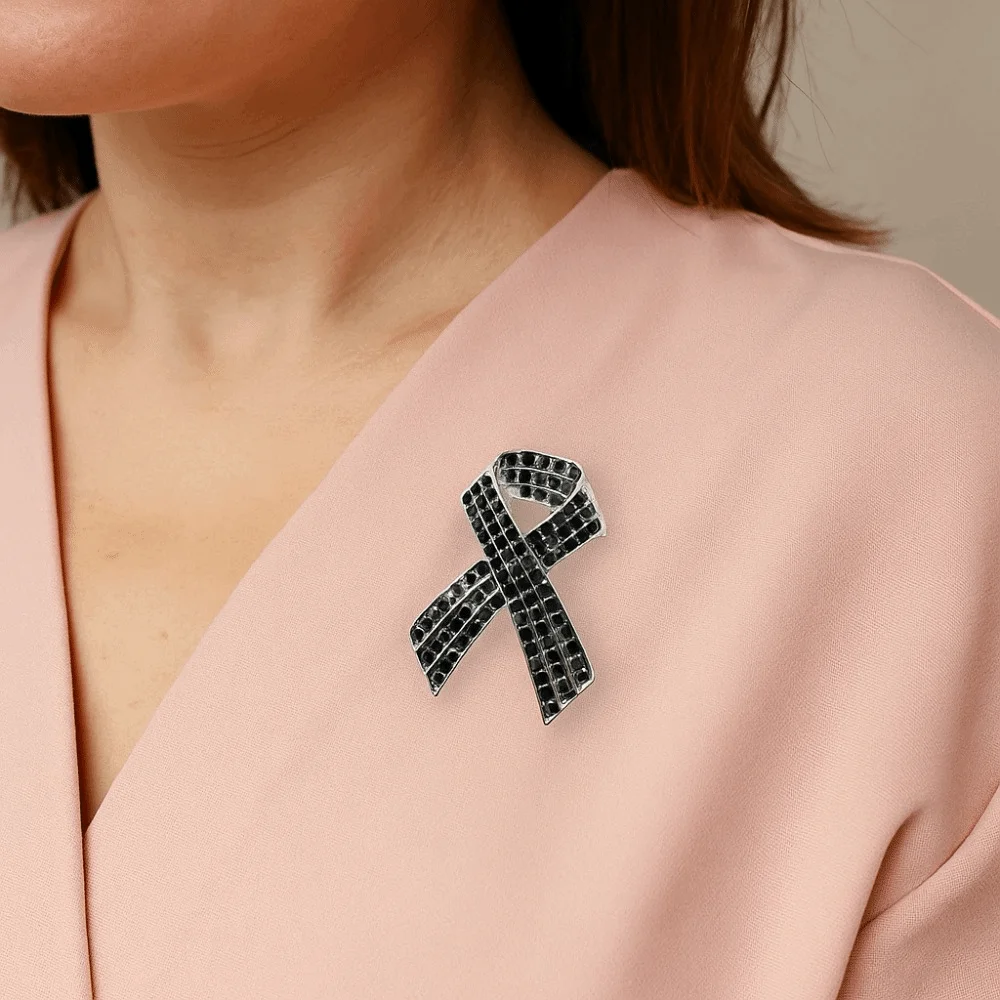 Rhinestone Crystal Black Ribbon Pin Melanoma Cancer Awareness Funeral Ribbon Badge Brooch Lapel Pin Skin Cancer