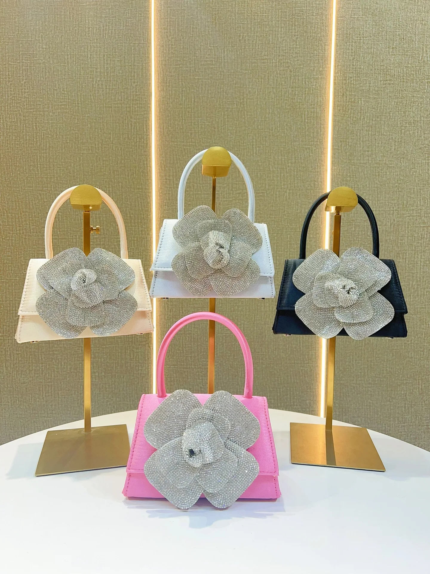 

High end socialite with sparkling diamonds, rose petals, small handbag, crossbody bag, dinner bag