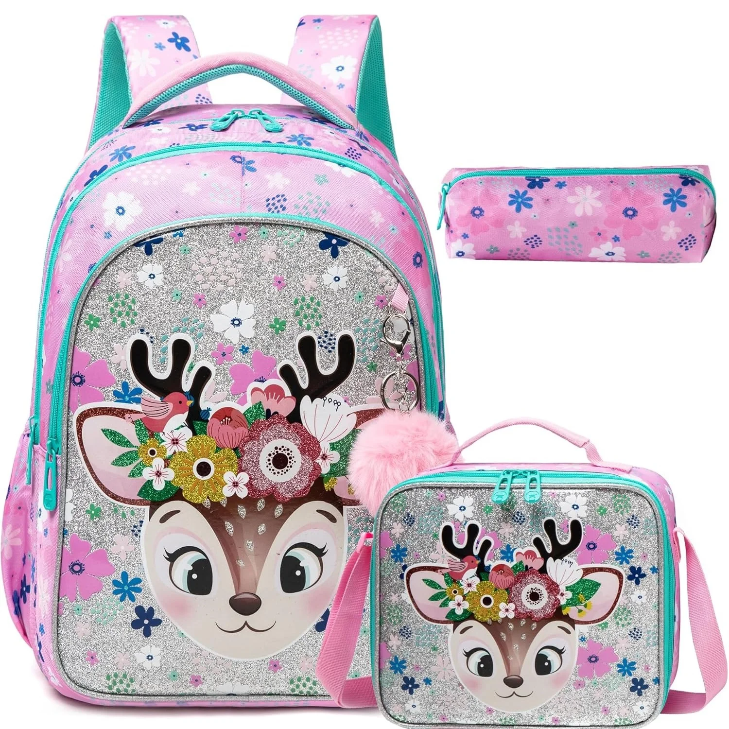 Children's School Backpacks for Girls 3 in 1 Elementary Student Backpack Set with Thermal Lunch Bag Kids Shoulder Bag for Boys