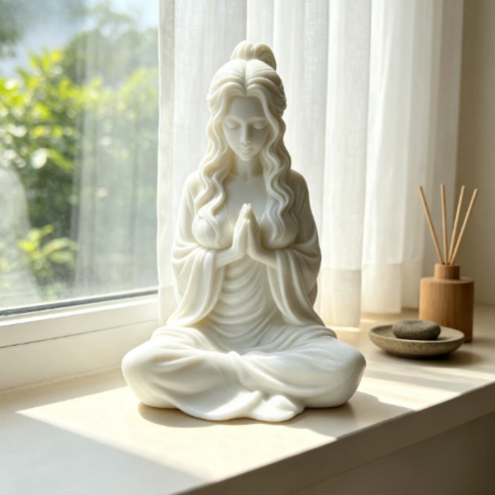 Meditation Goddess Statue 3D Printed Praying Lady Figurine Zen Desktop Decor Quiet Spiritual Peace Yoga Ornament Home Craft Gift