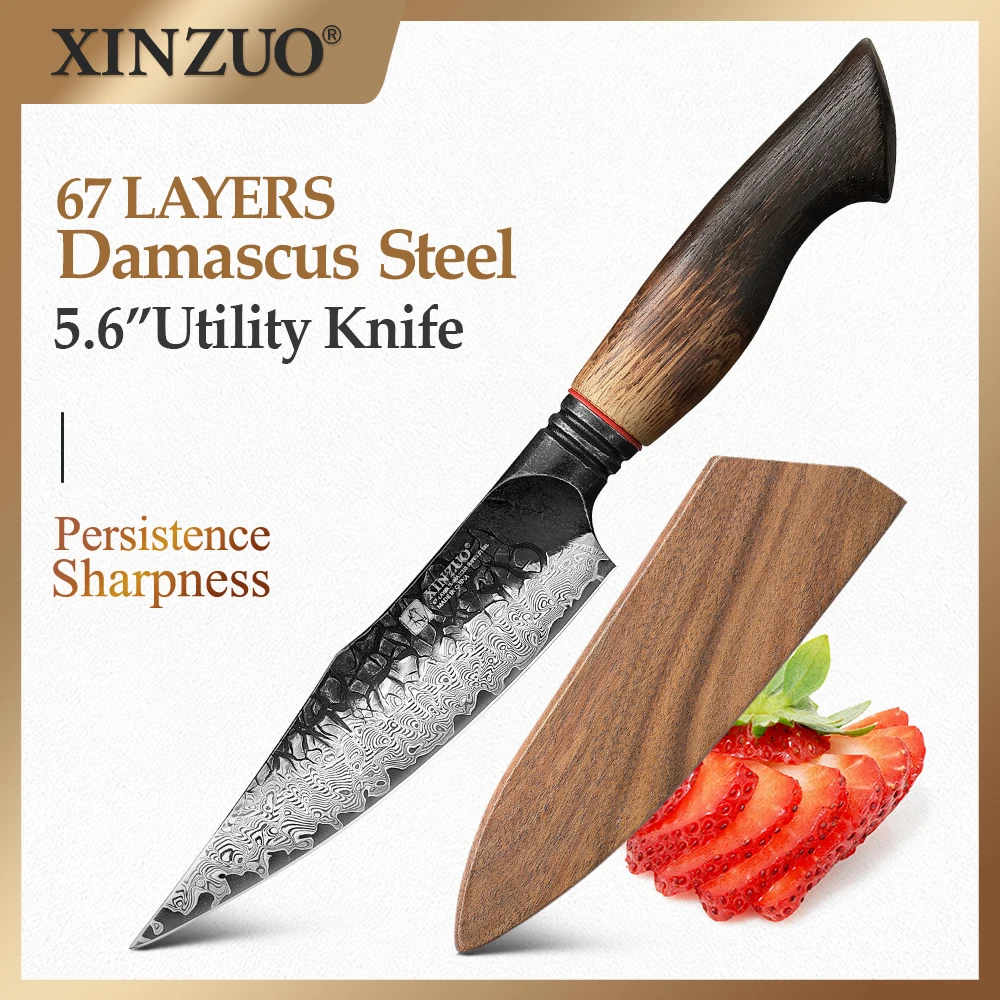 

XINZUO 67 Layers Damascus Steel Utility Knife 5.6 With North American White Oak Handle All-Purpose For Meat, Vegetables