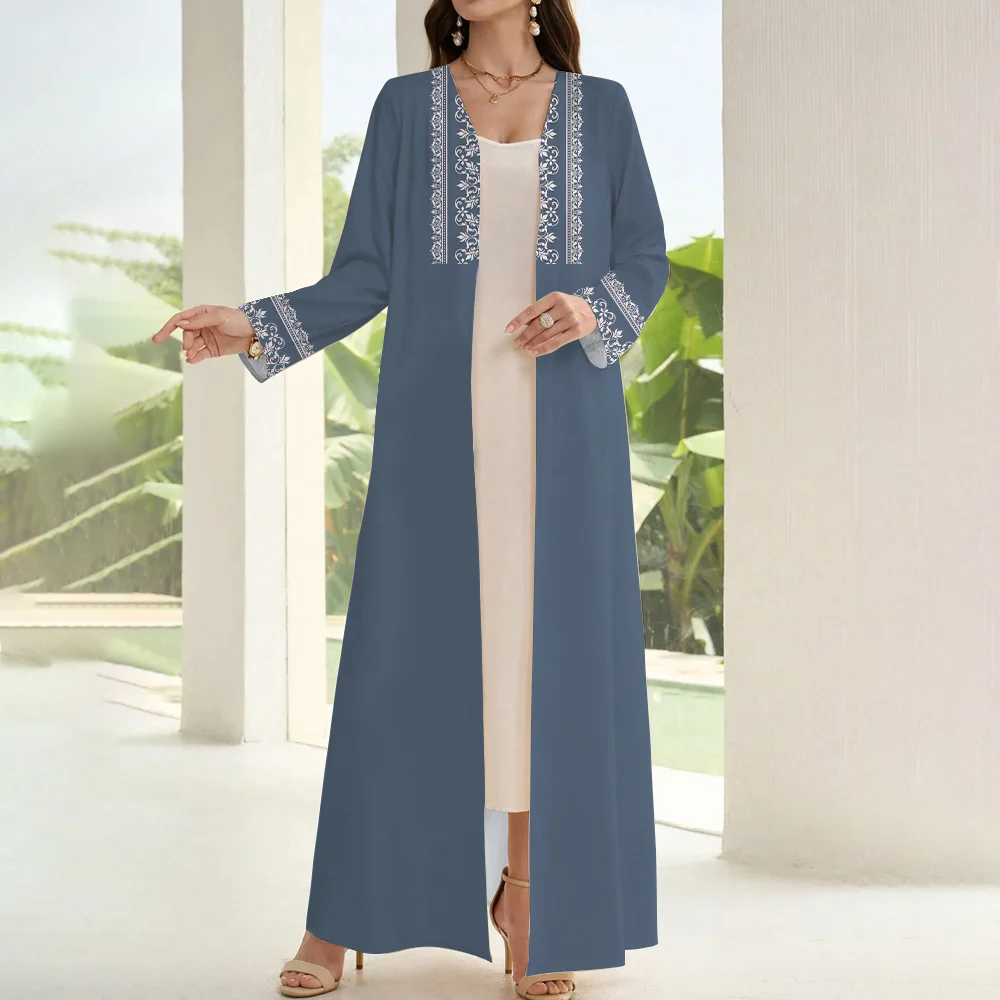 Demure Muslim Islamic Open Kimono Abaya Women Two Pieces Long Sleeve Arab Turkey Coat Abaya Dubai Luxury Print Marocain Cardigan