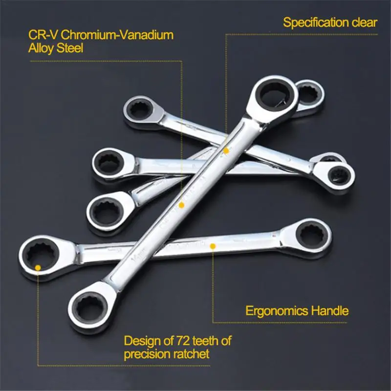 Chrome Vanadium Ring Double Head Ratchet Wrench Reversible 8-10-12-14-17-19mm Ratchet Combination Spanner Set