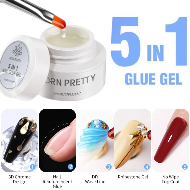BORN PRETTY 5ml 5 IN 1 No Wipe Top Coat Rinforzo Gel Smalto per unghie Adesivo Colla per unghie Effetto 3D Strass Design fai da te