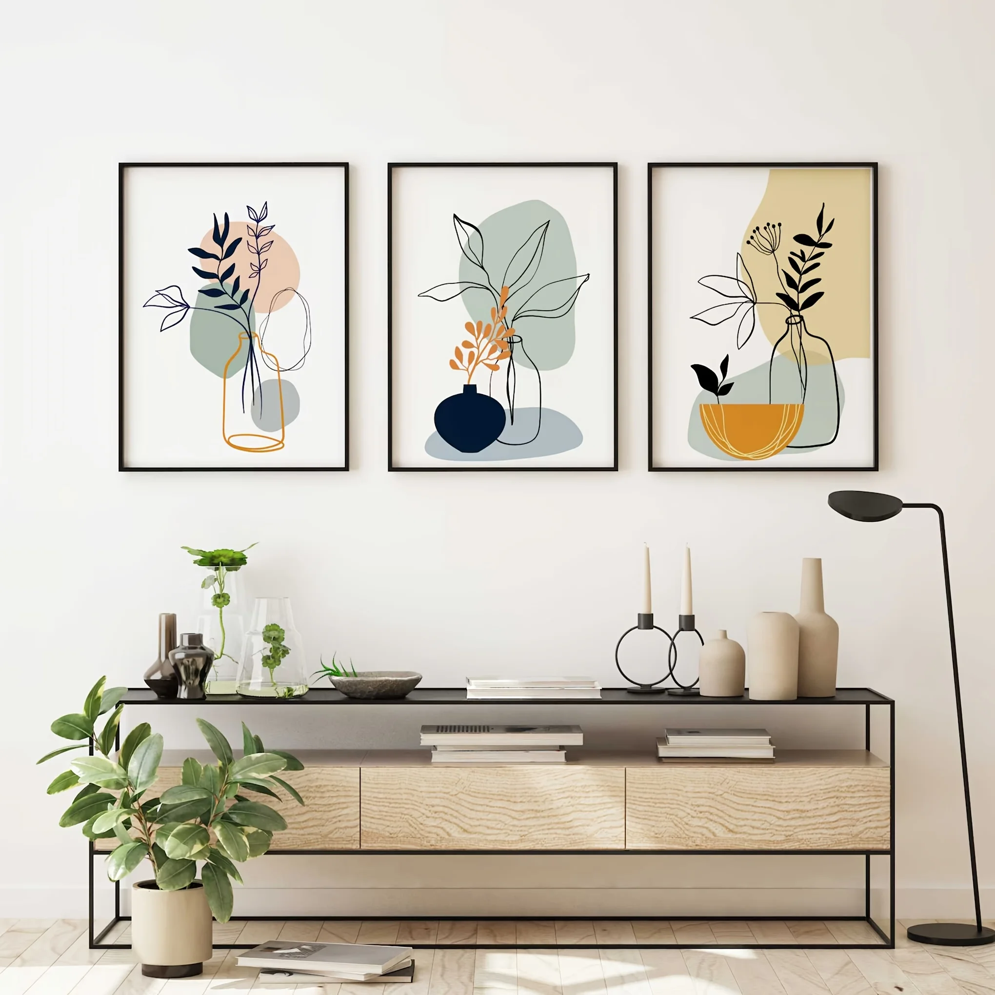 3pcs Boho Style Wall Art Set, Neutral Color Line and Floral Posters, Unframed Canvas Decor for Living Room, Bedroom, or Office,