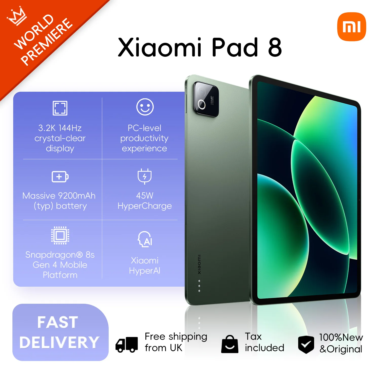 Xiaomi Pad 8 8+128GB WIFI 7 Global Version Snapdragon® 8s Gen 4 Mobile Platform 11.2" 3.2K 144Hz Display 9200mAh 45W Face Unlock