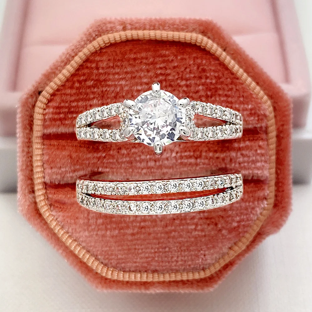 Huitan Luxus trend ige Hochzeits sets Ringe für Frauen 2 Stück voll bling vereist aaa Zirkon Ringe Verlobung bänder Party Schmuck