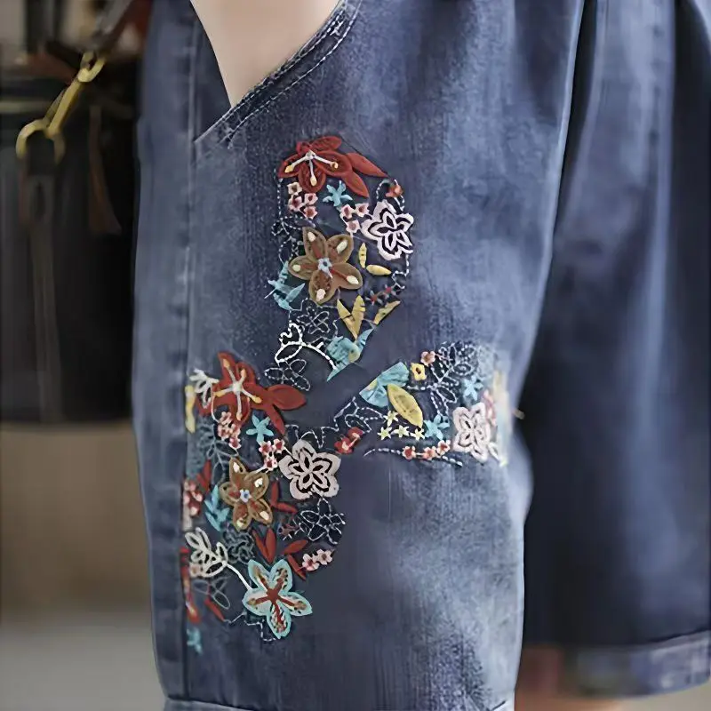 신축성 있는 허리가 있는 여름 루즈한 한국 스타일에 다재다능한 레트로 얇은 데님 반바지