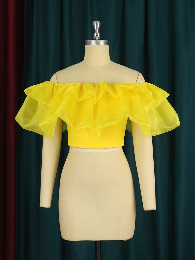 Women Summer Yellow Short Blouses Bare Shoulder Flare Ruffles Crop Tops Shirt Elegant Lady Fashion Party Club Street Wear