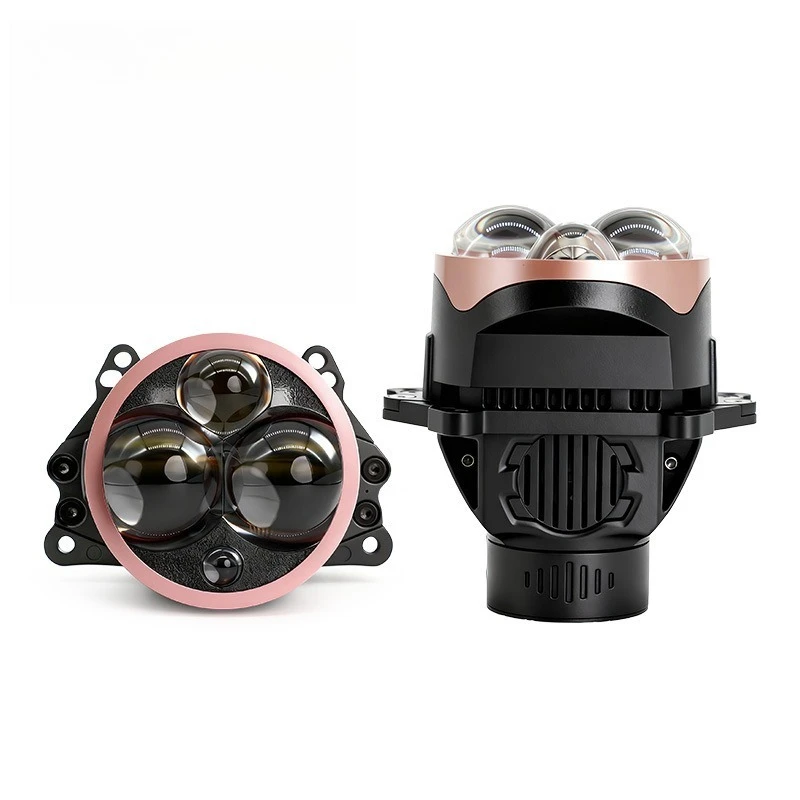 170W Round Triple-Eye Direct Beam Bi LED Projector Headlights with Halo Ring, High Power Dual Beam Car LED Front Lamp Upgrade