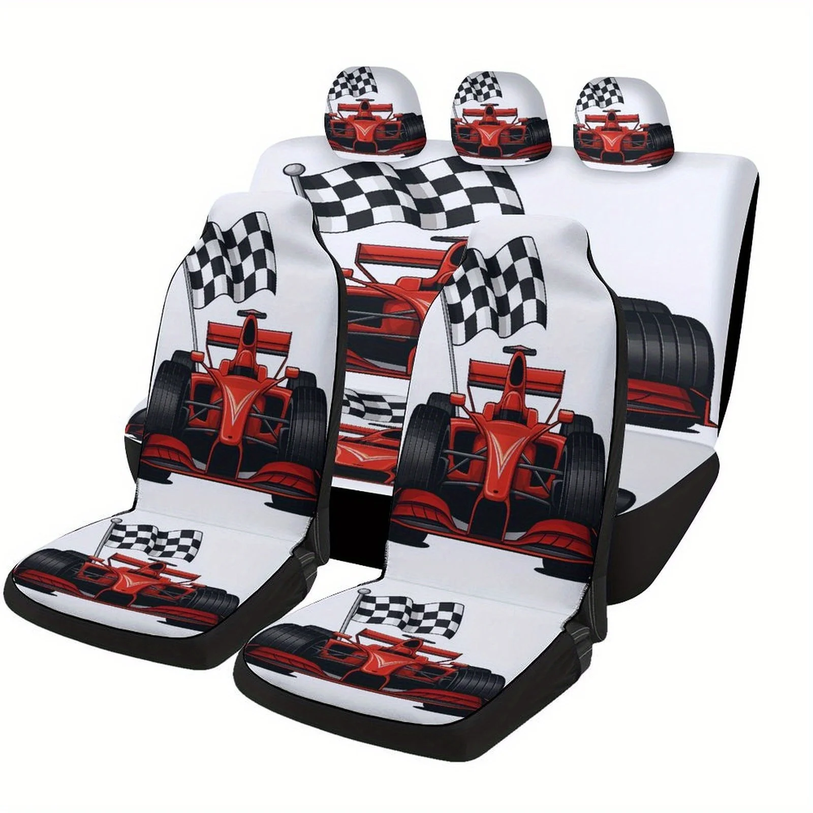 Fit Red Race Car & Checkered Flag Car Seat Cover Set - Heavy-Duty For Most Cars, Full Set For 2 Front & Rear Seats (Driver/Passe