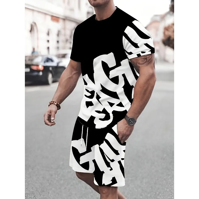 

2025 Мужской повседневный комплект с 3D принтом и геометрическим узором. Удобная футболка из полиэфирного волокна и шорты, комплект из двух предметов.