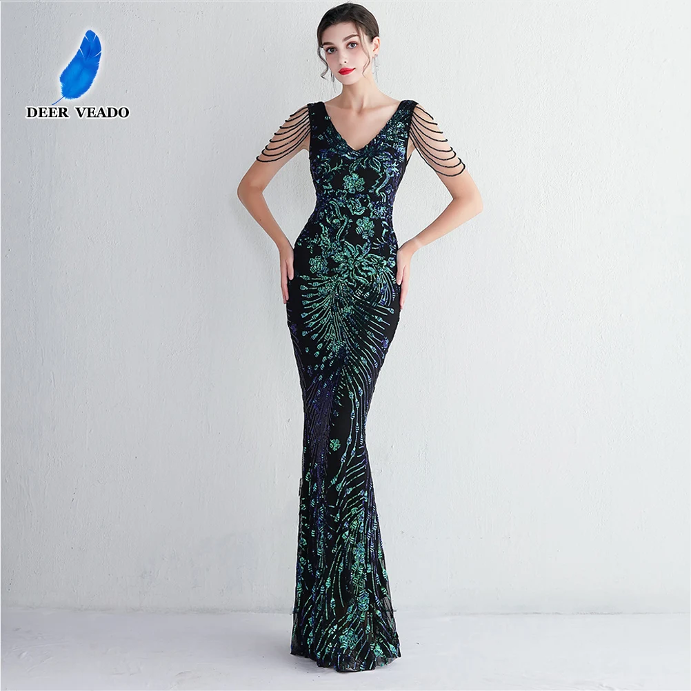 

DEERVEADO Elegant V Neck Mermaid Evening Dress Women Chic Party Maxi Dress Green Sequins Formal Evening Gown with Beads