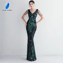 DEERVEADO Elegant V Neck Mermaid Evening Dress Women Chic Party Maxi Dress Green Sequins Formal Evening Gown with Beads
