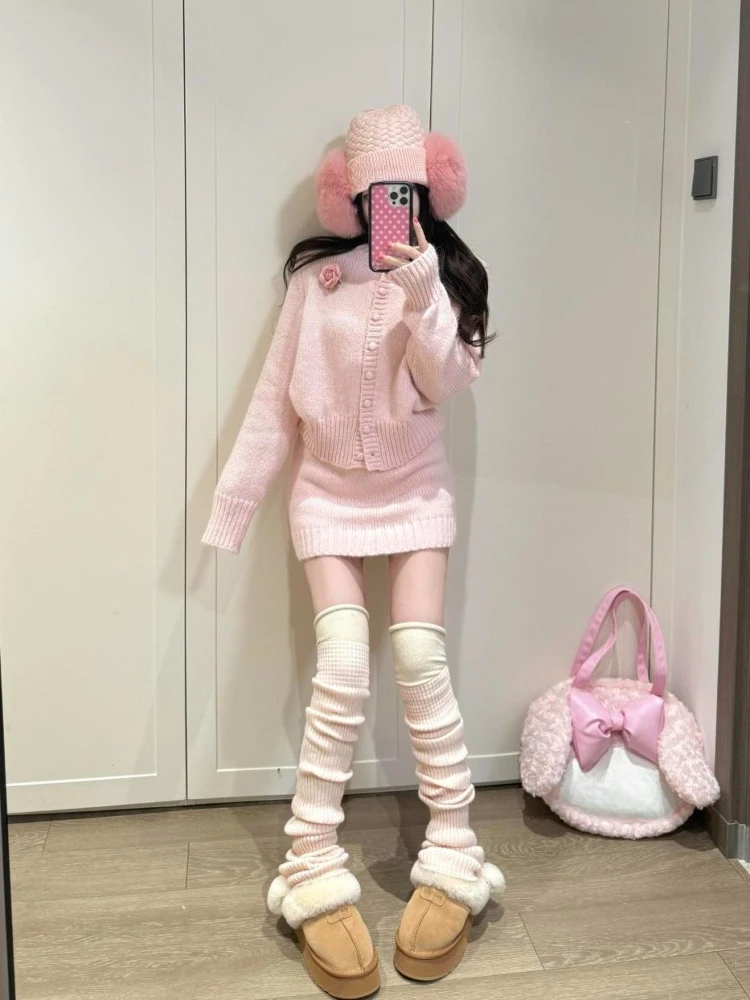 Vintage Knit Two Piece Set Women Winter Chic Cardigan Sweater Mini Skirt Suit Hot Girl Elegant Soft Korea Chic Outfit 2026 New