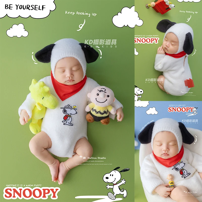 新生児写真撮影用小道具、帽子とスカーフ付きのぬいぐるみ犬の衣装、チャーリー・ブラウンとウッドストックのぬいぐるみ人形付きの幼児写真撮影セット