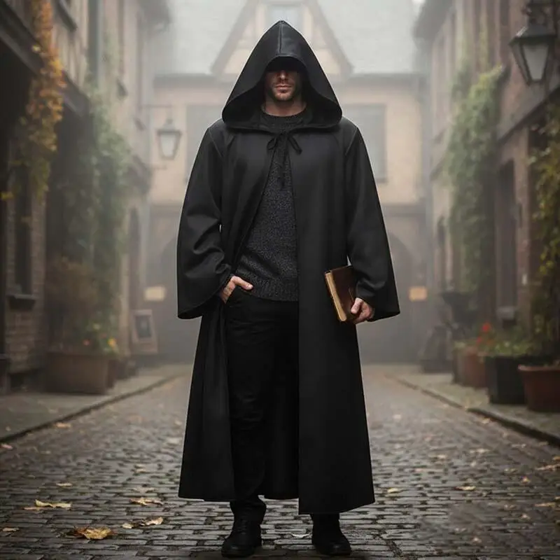 Capa de Disfraz de Halloween para Hombre, Capa con Capucha de Longitud Completa, Disfraz de Caballero para Representaciones Escénicas, Túnica de Cosplay de Mago Medieval