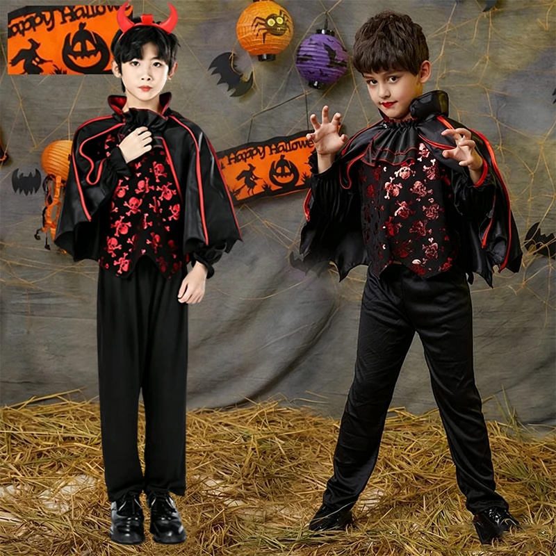 Kids Boys Vampire Bat Cosplay Costume Black Red Cape Set with Full Accessories for Halloween Theme Party Stage Performance