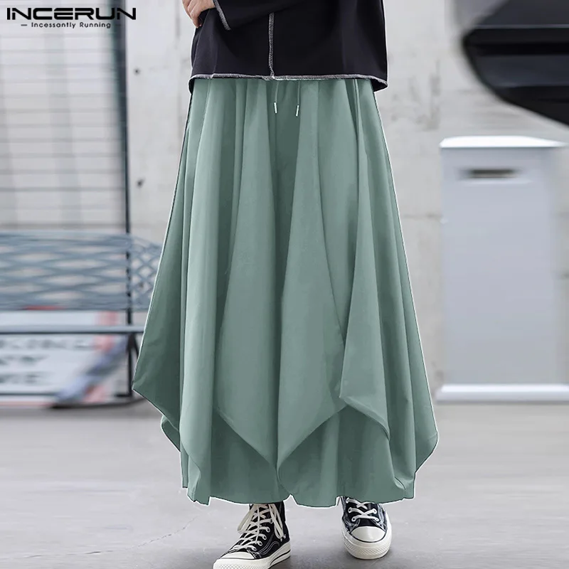 2024 Men Irregular Pants Solid Color Drawstring Joggers Fashion Casual Wide Leg Trousers Men Loose Streetwear Long Pants INCERUN