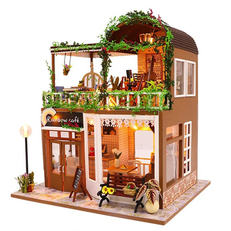 

Diy Cafe Wooden Doll House Casa Cello Miniature Dollhouse Kast Furniture Kit Kids Home Toys