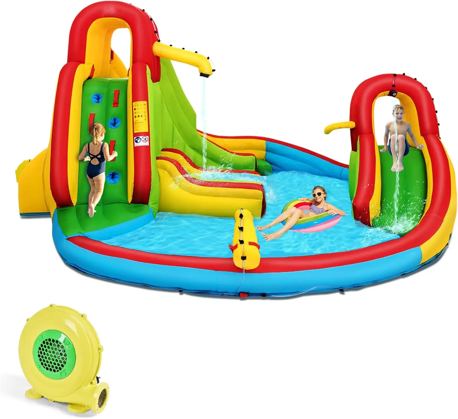 Opblaasbare Waterglijbaan Met 480W Blower, 7 In 1 Springkussen Opblaasbaar Waterpark W/Twee Glijbanen, Klimmuur & Splash Pool, Slang