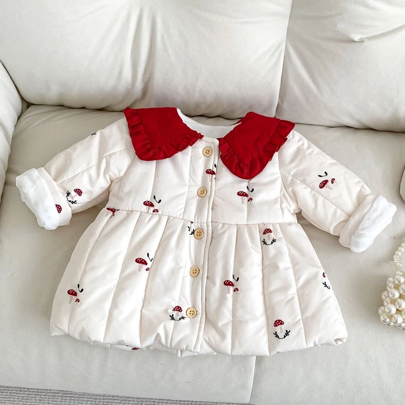 New winter baby clothing, 0-3 year old female baby, warm jacket with velvet mushroom printed cotton jacket