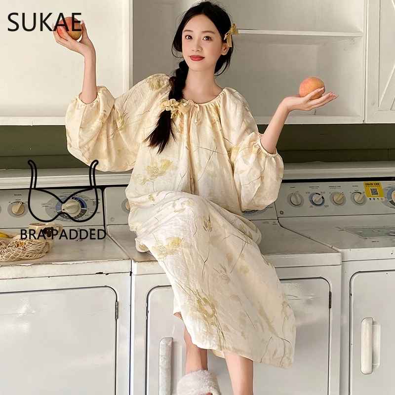 SUKAE Cotton Nightgowns for Women Autumn New Lady Long Gowns Fashion Elegant Nightwear Stylish Sleepshirt Casual Chic Girl Dress