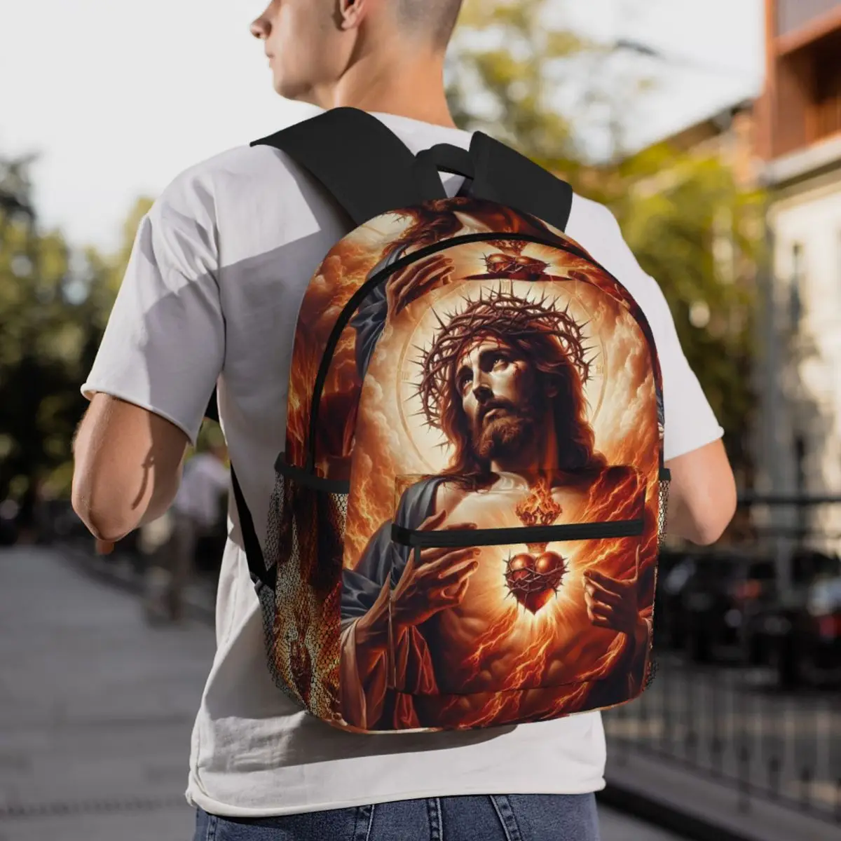 Jesus Christ Angelic Heart Religious Design With Roses & Gold Accents Large Capacity Children BookBag School Bag Shoulder Bags