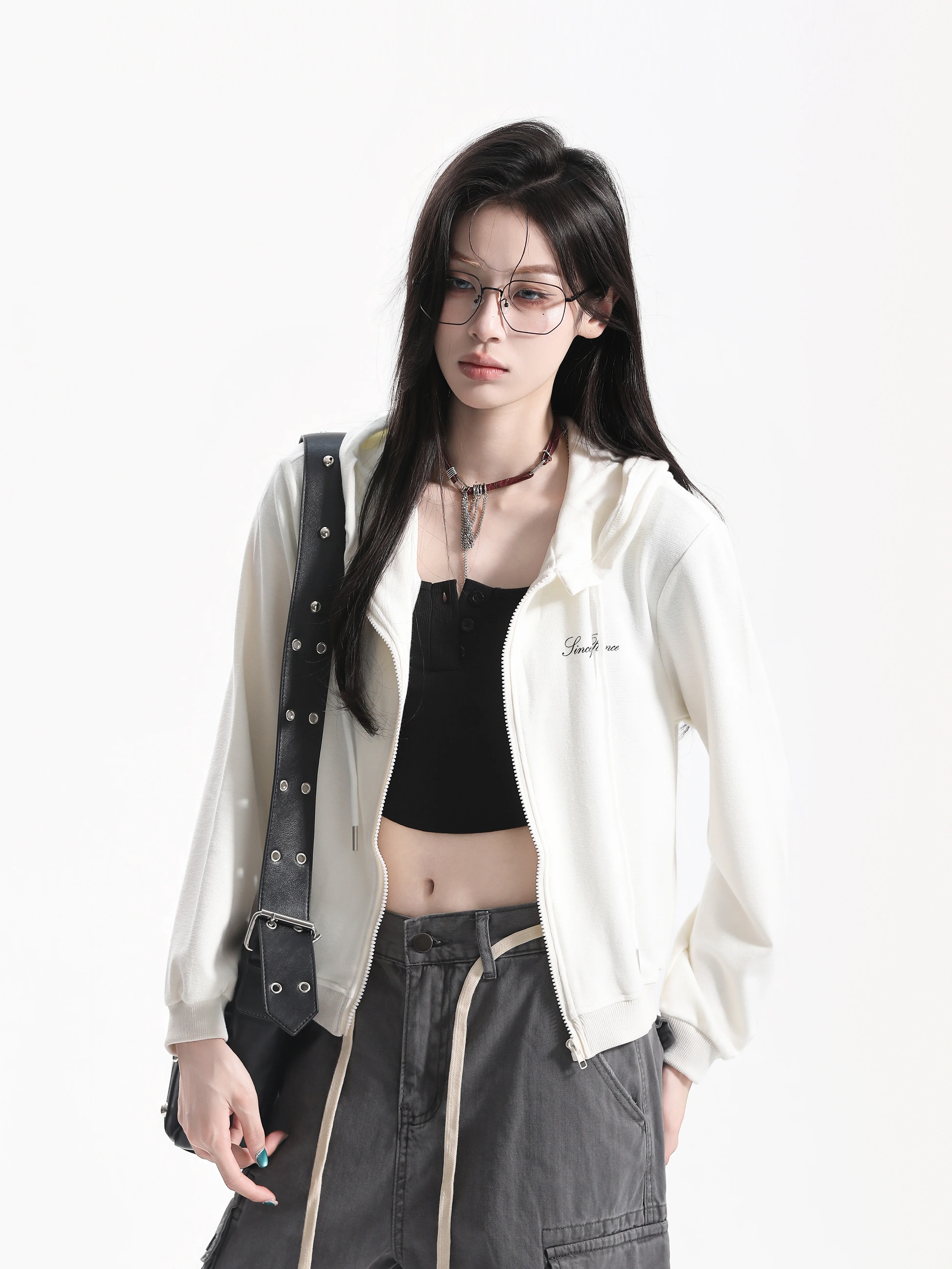 Korean Style Cross Print Hoodie Slim Fit College Wind Resistant Short Coat for Women Casual Fashion Cotton Polyester Nylon Blend