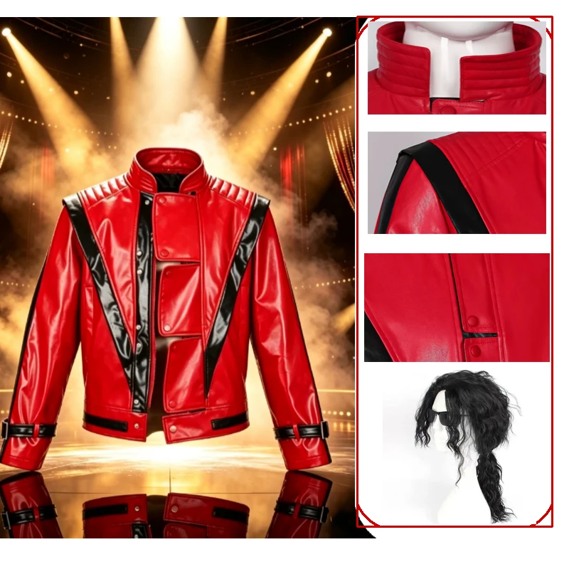 Disfraz Youngsters Men Top Red Jacket Thriller Scary Michael Jackson Cosplay Costume Wig Halloween Comic Con Role-playing Outfit