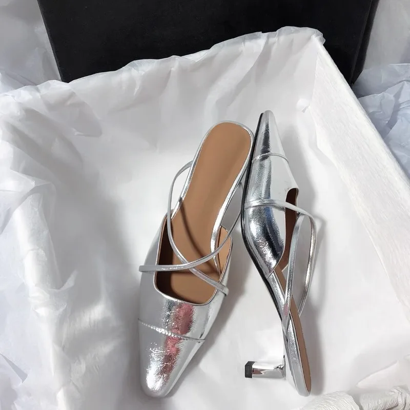 جديد إمرأة Slingback أحذية أنيقة ميد كعب ساحة تو السيدات عالية الكعب النعال موضة الانزلاق على صندل البغال Zapatos De Mujer #4