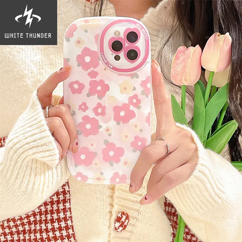 For iphone 11 12 13 Pro Max XR Xs Max Phone Case Love Hole Protect Lens Pink Flowers Sweet Cute Silicone Soft Anti-drop Cover