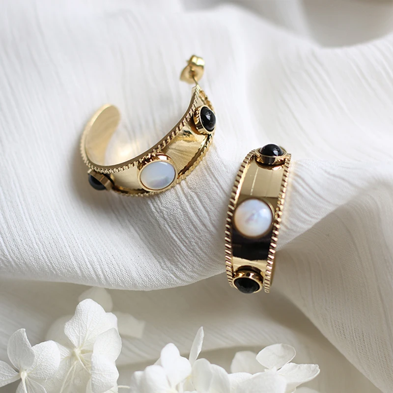 Light Luxury Gold Color Hoop Earrings For Women Stainless Steel Fine Unique Jewelry Gifts Inlay White Pearl Wide Stud Wholesale