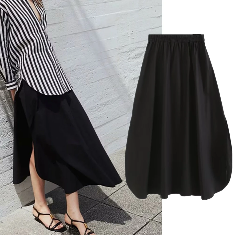 

Jenny&Dave Fashion Ladies Slit Simple Elegant Cotton Skirt Women Autumn New British Black High Waist Midi Skirt