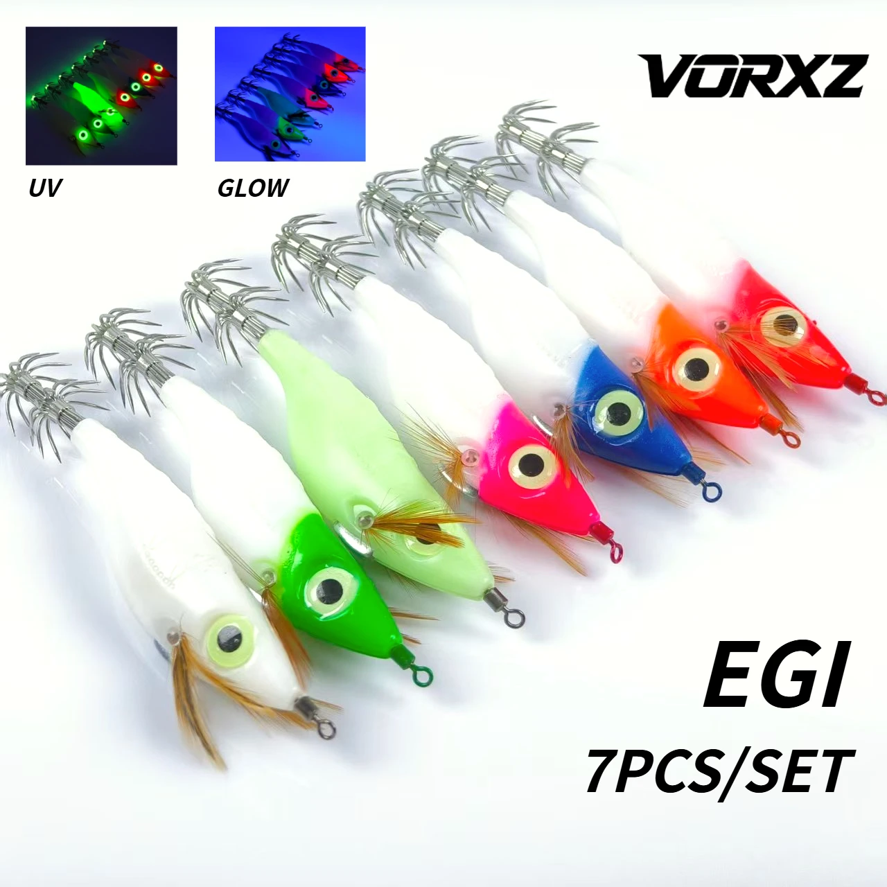 7pcs/set Egi Set Glow Squid Jig Luminous White Body Lure With Feather Sharp Hook Saltwater Squid Octopus Night Fishing Baits