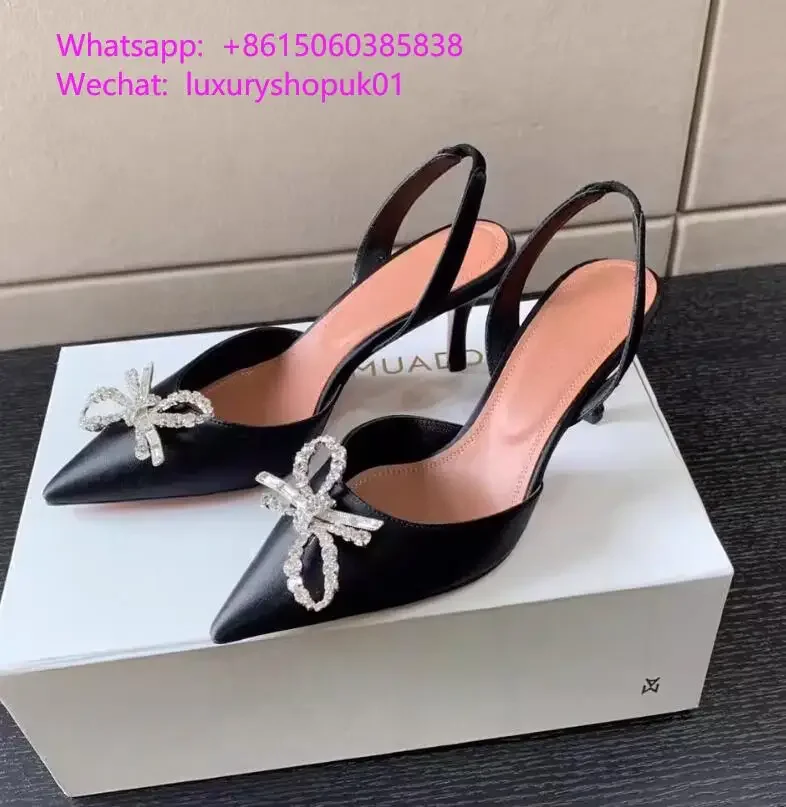 

Ladies Sandals Shoes Black bow pointed toe Brand satin slingback sandal 7cm high heels crystal Halter pumps Begum Sling silk spa