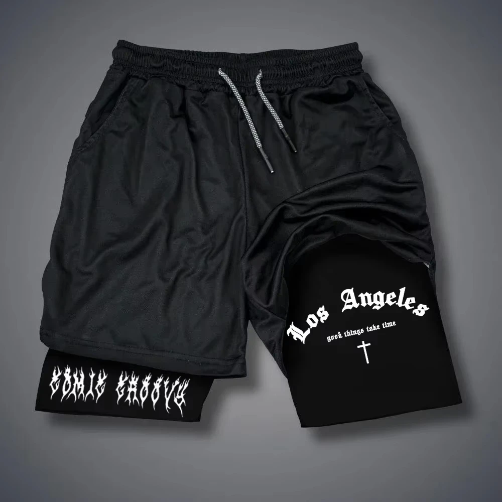 American Trendy Brand Print Men's Tight Training Shorts Breathable Fast Drying Double Layer GYM Running Football Boxing Shorts