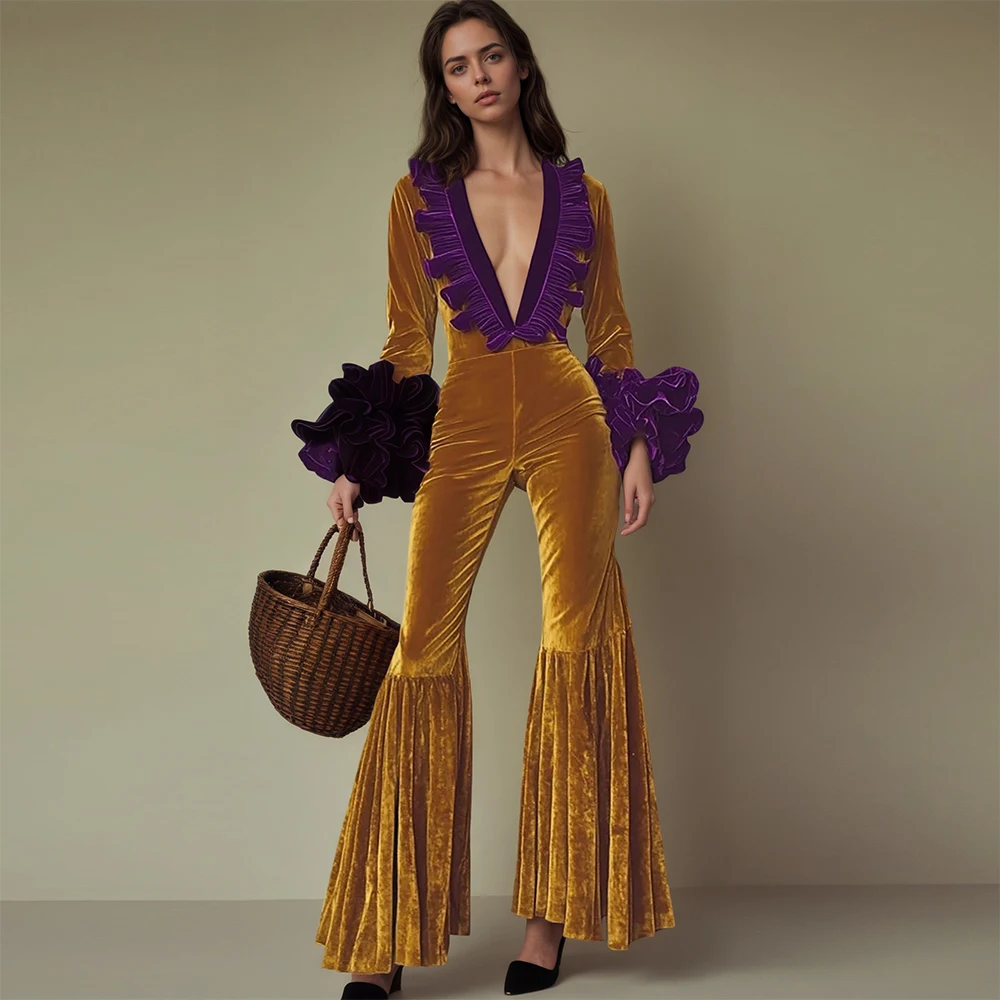 

Женский стильный атласный бархатный вечерний комбинезон, сексуальный комбинезон с глубоким v-образным вырезом и рюшами, длинным рукавом и высокой талией, осенний модный комбинезон для выпускного вечера