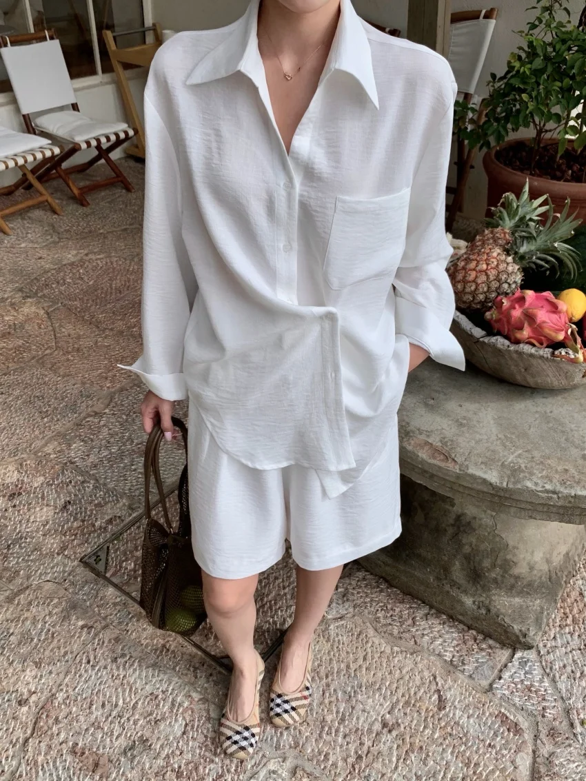Alien Kitty Summer Women's 2 Piece Linen Sets Daily OL Shirt Loose Wide Leg Shorts Casual Minimalist Daily Vacation Outfits