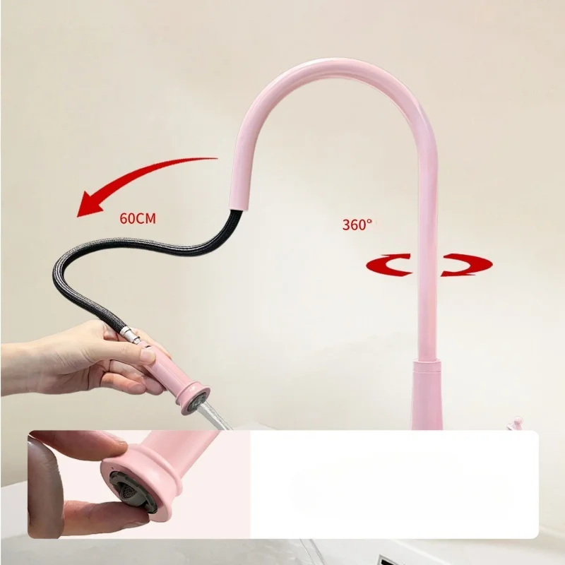 Pink Pull-Out Kitchen Faucet Stainless Steel Sink Faucet 360 Sink Faucet Rotating Outlet Faucet Mixed Faucet Hot And Cold Faucet