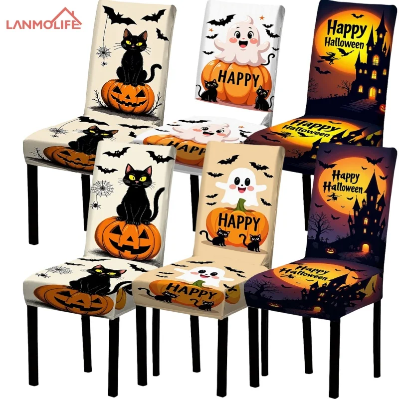 4/6 Stück Esszimmerstuhlhussen mit Halloween-Motiv, dehnbare Parsons-Stuhlhussen für Feiertagspartys und Heimdekoration