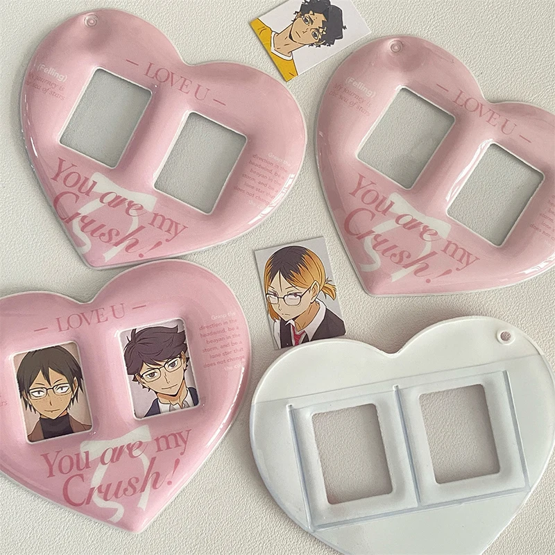 Zoete Foto Kaarthouder Anti-Verloren Sleutelhanger Dubbele Sleuf 1 Inch Foto Beschermhoes Hartvormige Kaart Mouw Tas Hanger