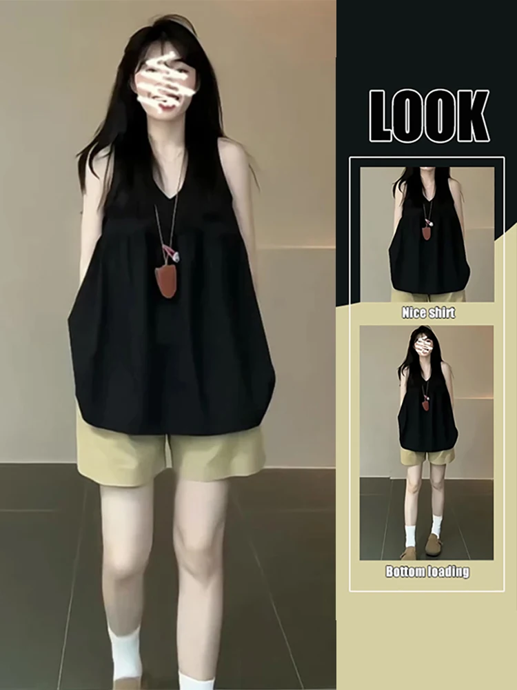 

Black Vest Wide Leg Pants Two Piece Set Women's Summer Fashionable Outfit V Neck Short Sleeve Vest And High Waist Shorts