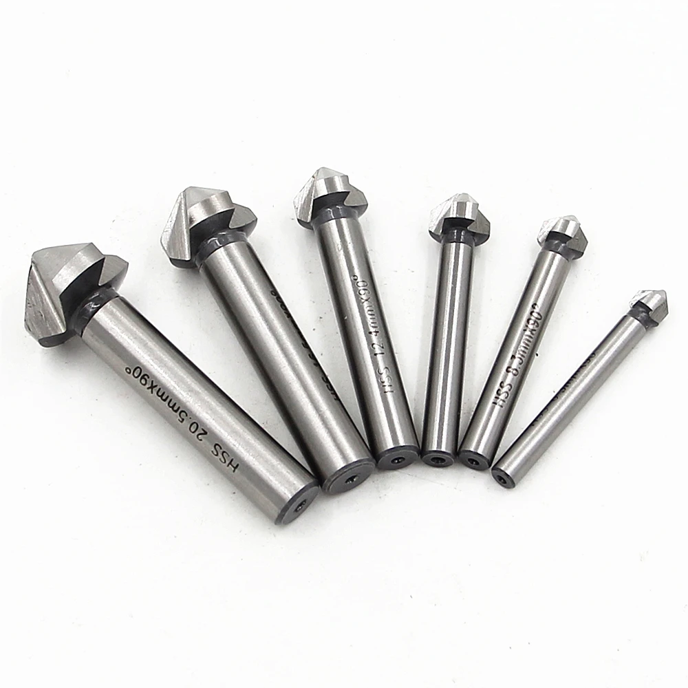HSS4241 6pcs Three Blade Round Shank Chamfer Countersink Set 3 Flute Chamfering Bit Set Chamfering Cutter