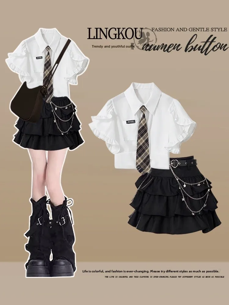 Koreaanse Sle orm Set Grote Maat Dames College Sle ort Rok Afslankende Taartrok Lente Zomer Tweedelige set