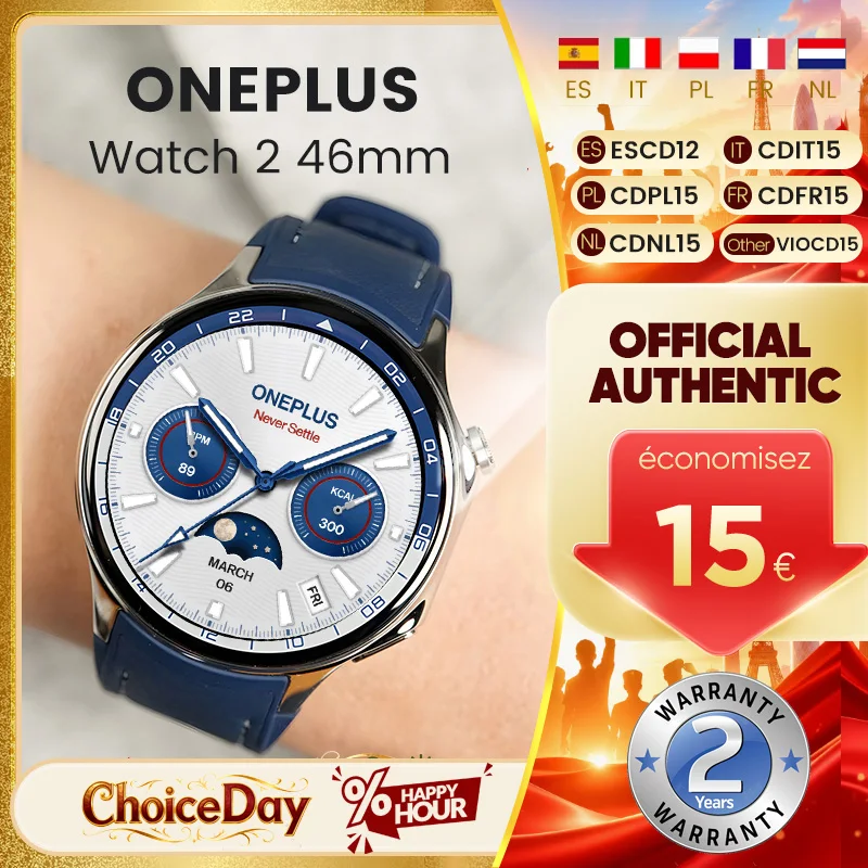 Nouvelle montre intelligente OnePlus Watch 2, écran AMOLED de 1,43 pouces, batterie de 500 mAh, plus de 100 modes sportifs, 2 Go + 32 Go, 46 mm, Wi-Fi, GPS, IP68, Google Pay