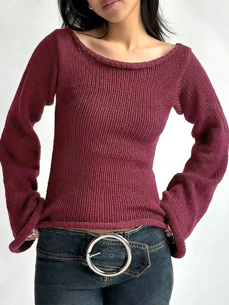 

Осенне-зимний вязаный свитер с открытыми плечами для женщин 2025, тонкий пуловер с длинными рукавами и длинными рукавами, топы, уличные повседневные свитера