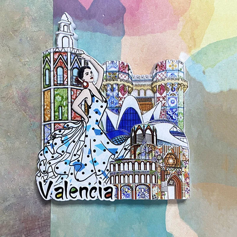 Lindo imán para nevera de España Valencia con bailarina de flamenco, arquitectura histórica colorida, imán para nevera, decoración del hogar, habitación